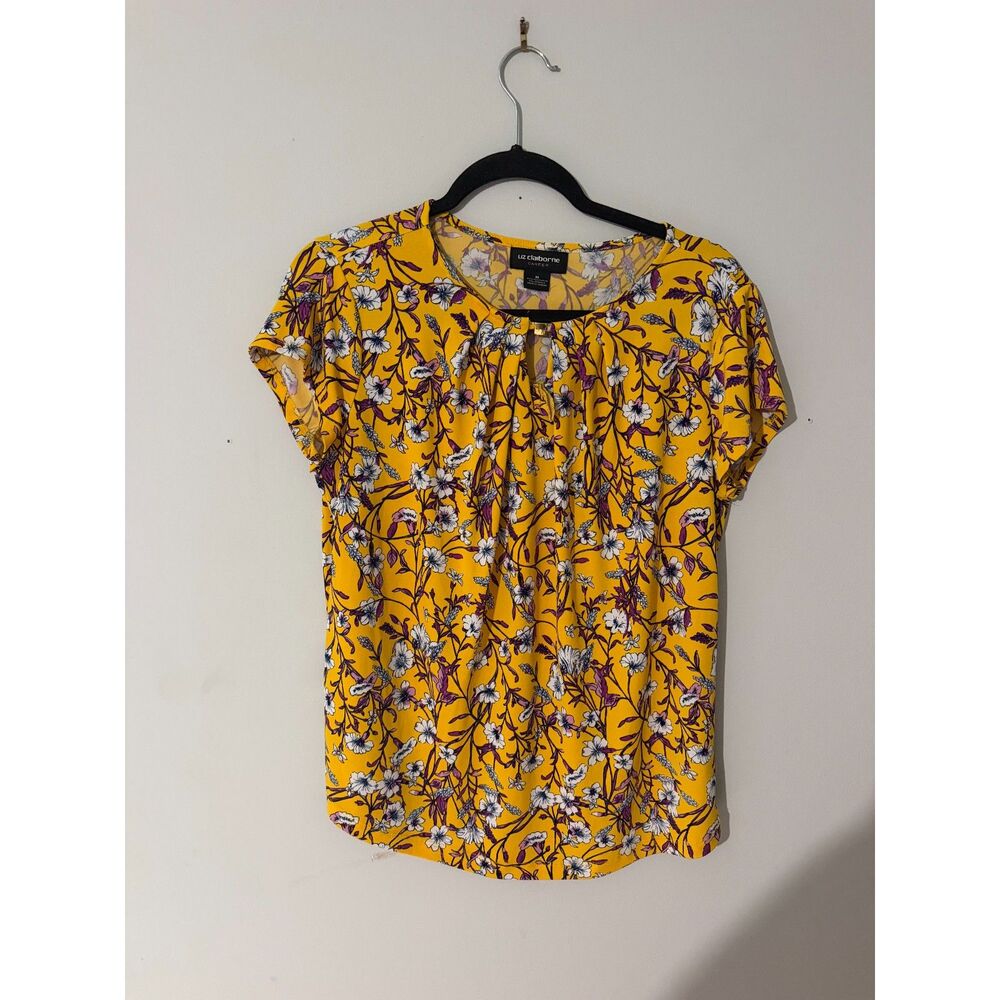 Liz Claiborne Floral Blouse- Mustard Yellow & Purple Botanical Print- Medium